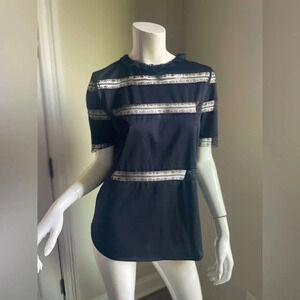 Sandro Black and White Lace Trim Blouse